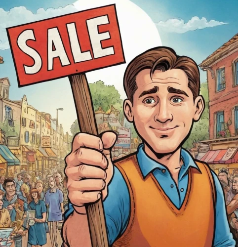 Cartoon man with for sale board